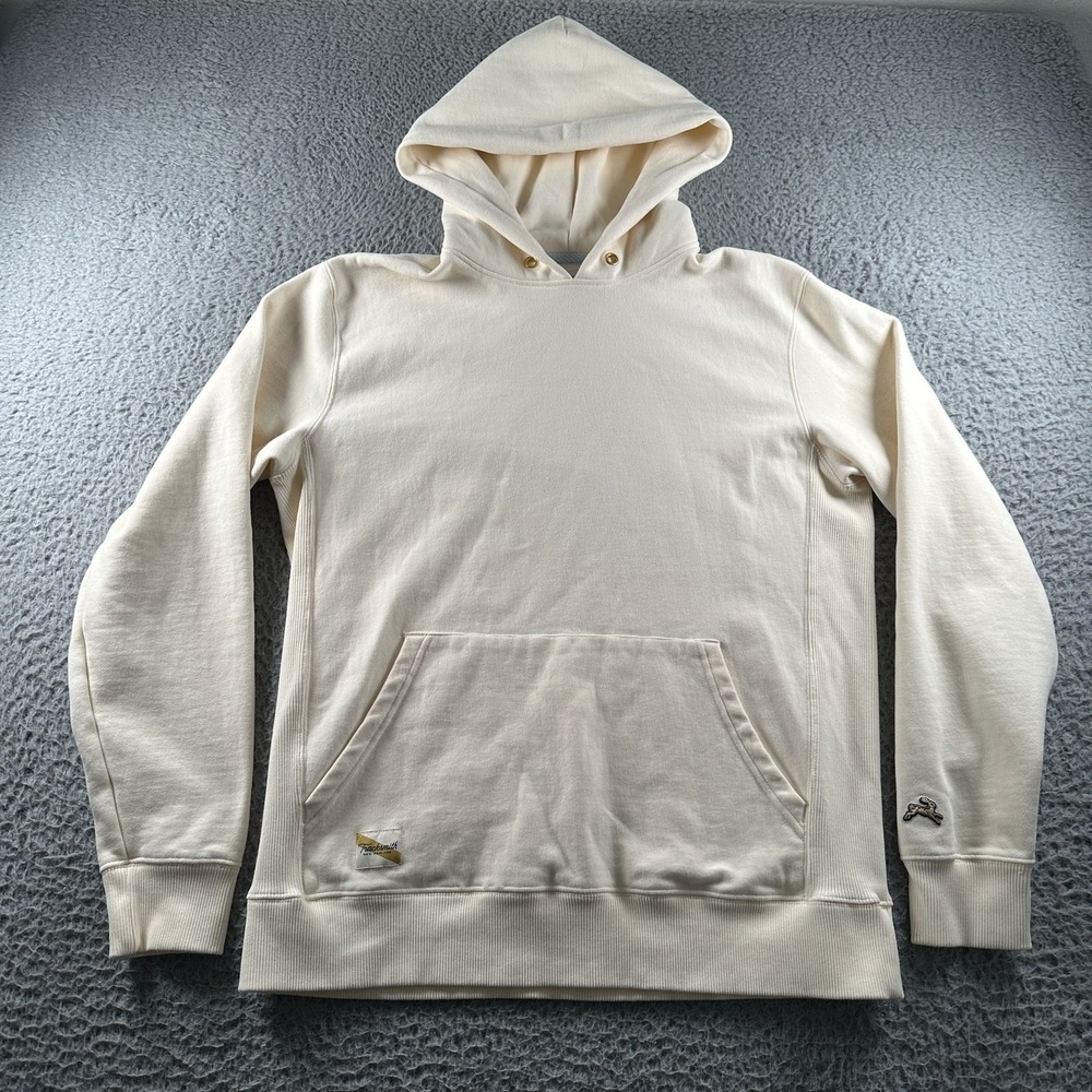 Tracksmith Hoodie Mens L Cream Pullover Kangaroo Pocket‎ Running Logo Fleece